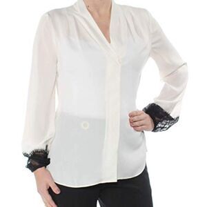 Kobi White Carla Sheer Long Sleeve V-Neck Colorblock Lace Trim Blouse XS